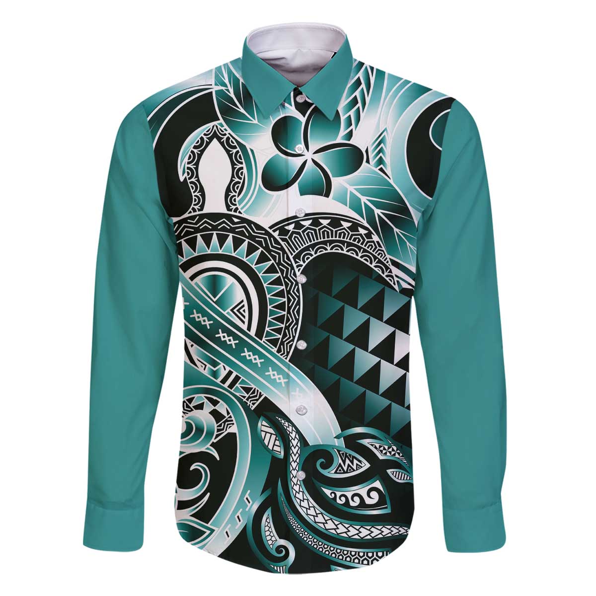 Aloha Turquoise Tribal Honu Tattoo Family Matching Off The Shoulder Long Sleeve Dress and Hawaiian Shirt LT9 Dad's Shirt - Long Sleeve Turquoise - Polynesian Pride