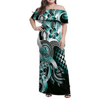 Aloha Turquoise Tribal Honu Tattoo Family Matching Off Shoulder Maxi Dress and Hawaiian Shirt LT9 Mom's Dress Turquoise - Polynesian Pride