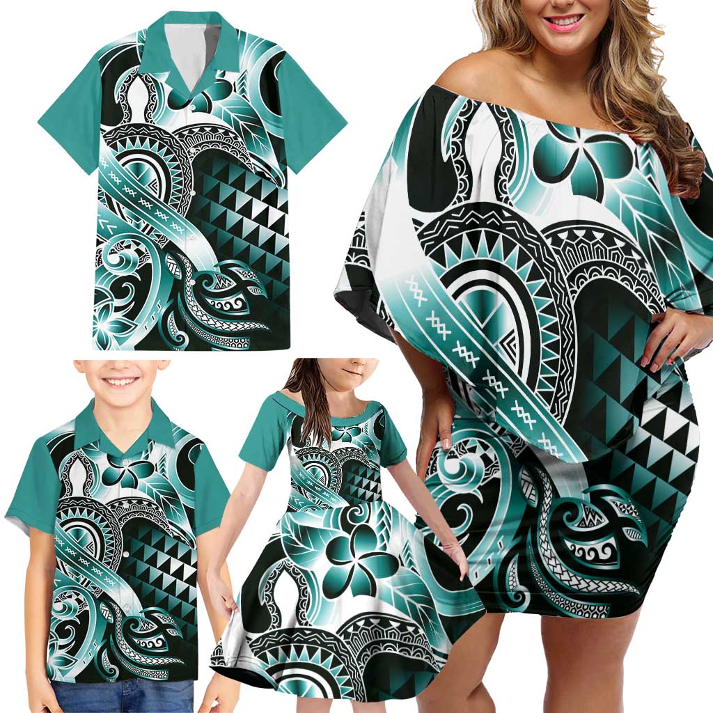 Aloha Turquoise Tribal Honu Tattoo Family Matching Off Shoulder Short Dress and Hawaiian Shirt LT9 - Polynesian Pride
