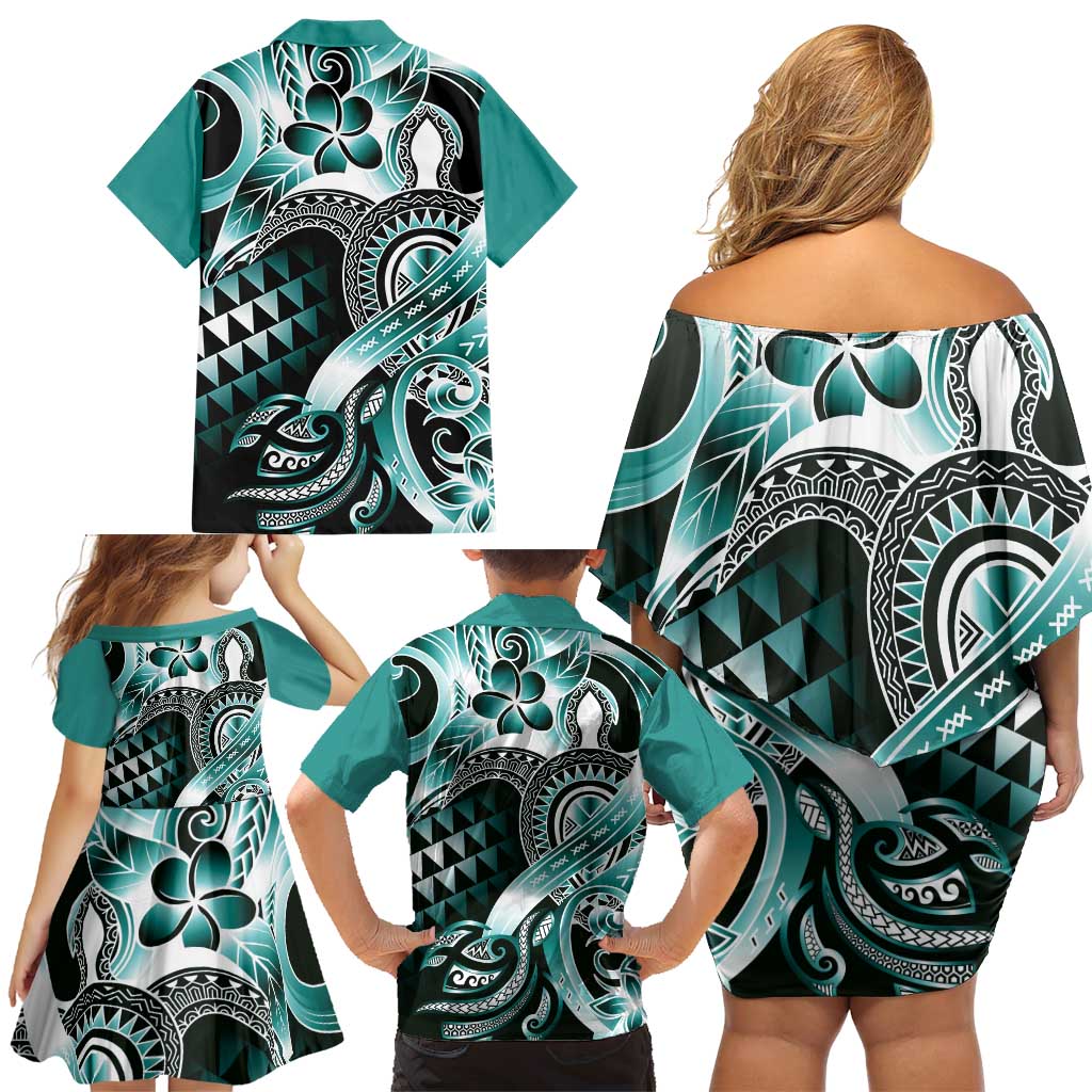 Aloha Turquoise Tribal Honu Tattoo Family Matching Off Shoulder Short Dress and Hawaiian Shirt LT9 - Polynesian Pride