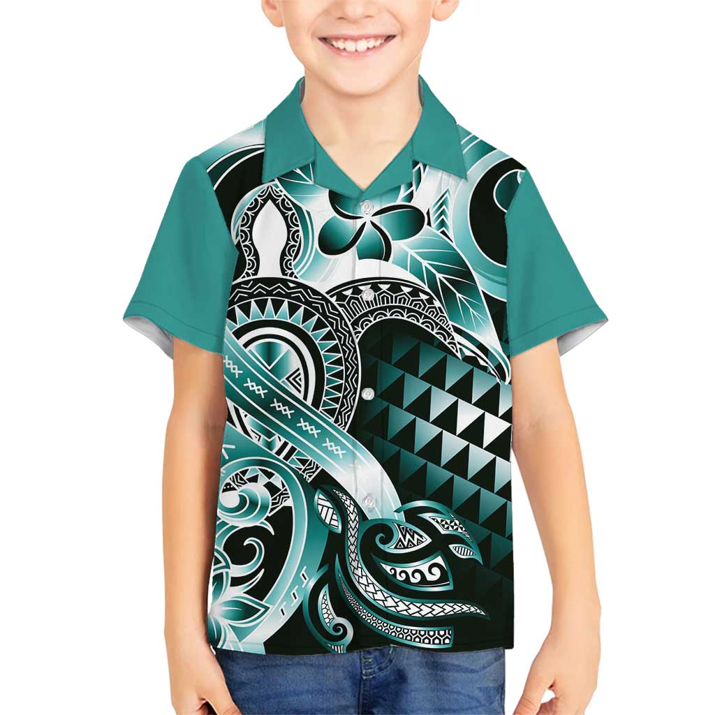 Aloha Turquoise Tribal Honu Tattoo Family Matching Off Shoulder Short Dress and Hawaiian Shirt LT9 Son's Shirt Turquoise - Polynesian Pride
