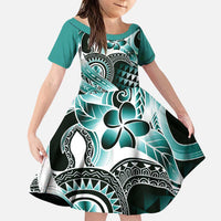 Aloha Turquoise Tribal Honu Tattoo Family Matching Puletasi and Hawaiian Shirt LT9 Daughter's Dress Turquoise - Polynesian Pride
