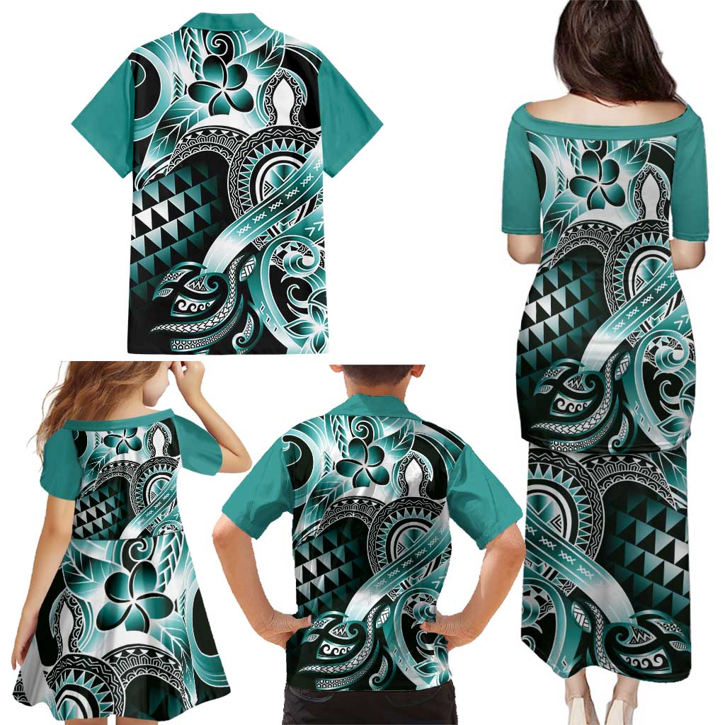 Aloha Turquoise Tribal Honu Tattoo Family Matching Puletasi and Hawaiian Shirt LT9 - Polynesian Pride