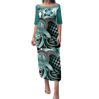 Aloha Turquoise Tribal Honu Tattoo Family Matching Puletasi and Hawaiian Shirt LT9 Mom's Dress Turquoise - Polynesian Pride