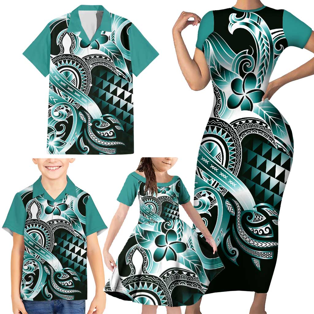 Aloha Turquoise Tribal Honu Tattoo Family Matching Short Sleeve Bodycon Dress and Hawaiian Shirt LT9 - Polynesian Pride
