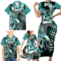 Aloha Turquoise Tribal Honu Tattoo Family Matching Short Sleeve Bodycon Dress and Hawaiian Shirt LT9 - Polynesian Pride