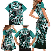 Aloha Turquoise Tribal Honu Tattoo Family Matching Short Sleeve Bodycon Dress and Hawaiian Shirt LT9 - Polynesian Pride