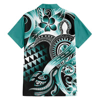 Aloha Turquoise Tribal Honu Tattoo Family Matching Short Sleeve Bodycon Dress and Hawaiian Shirt LT9 - Polynesian Pride
