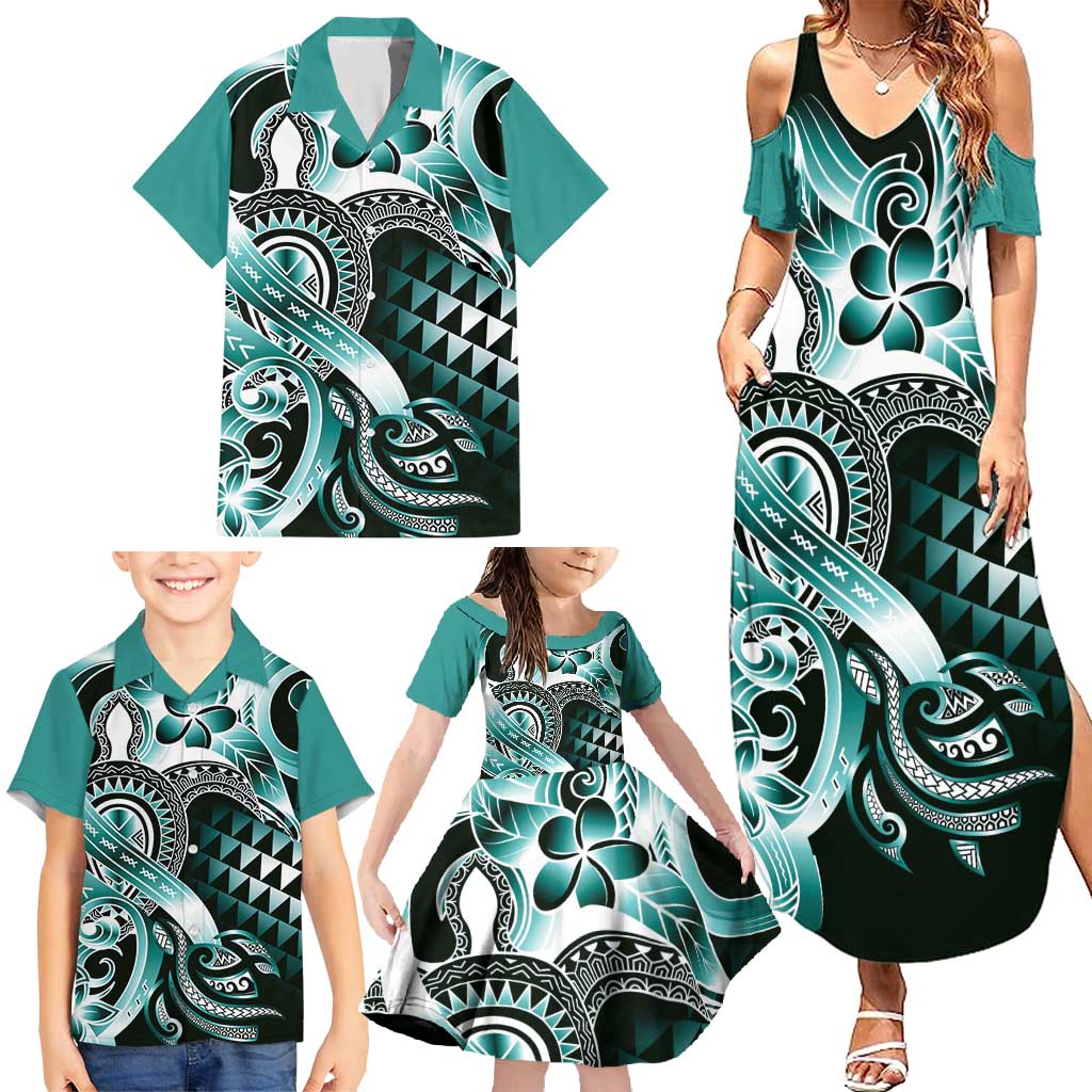 Aloha Turquoise Tribal Honu Tattoo Family Matching Summer Maxi Dress and Hawaiian Shirt LT9 - Polynesian Pride