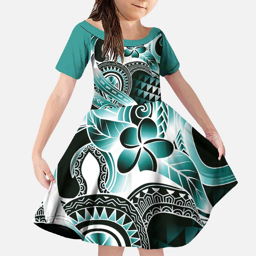 Aloha Turquoise Tribal Honu Tattoo Family Matching Tank Maxi Dress and Hawaiian Shirt LT9 Daughter's Dress Turquoise - Polynesian Pride