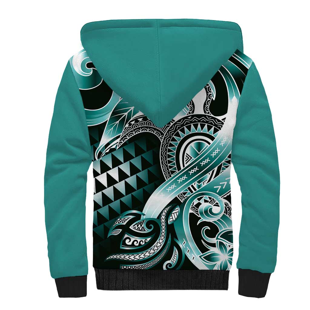 Aloha Turquoise Tribal Honu Tattoo Sherpa Hoodie LT9 - Polynesian Pride