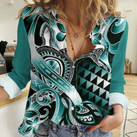 Aloha Turquoise Tribal Honu Tattoo Women Casual Shirt LT9 Female Turquoise - Polynesian Pride