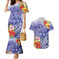 Personalised Chuuk States Humpback Whale Couples Matching Mermaid Dress and Hawaiian Shirt Polynesian Tropical Flowers LT9 Blue - Polynesian Pride