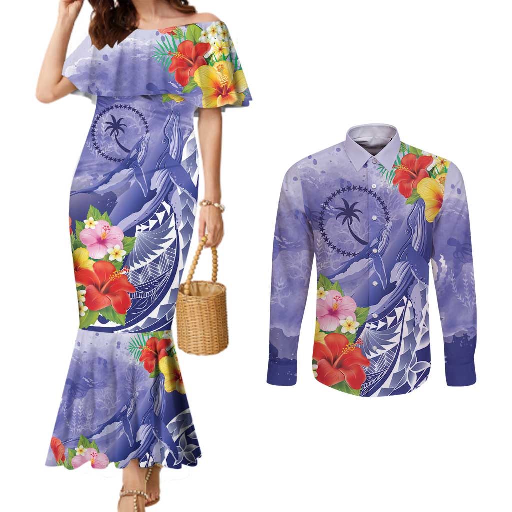 Personalised Chuuk States Humpback Whale Couples Matching Mermaid Dress and Long Sleeve Button Shirt Polynesian Tropical Flowers LT9 Blue - Polynesian Pride