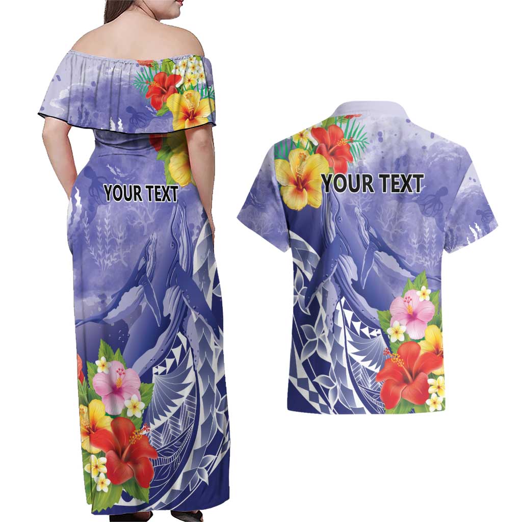 Personalised Chuuk States Humpback Whale Couples Matching Off Shoulder Maxi Dress and Hawaiian Shirt Polynesian Tropical Flowers LT9 - Polynesian Pride