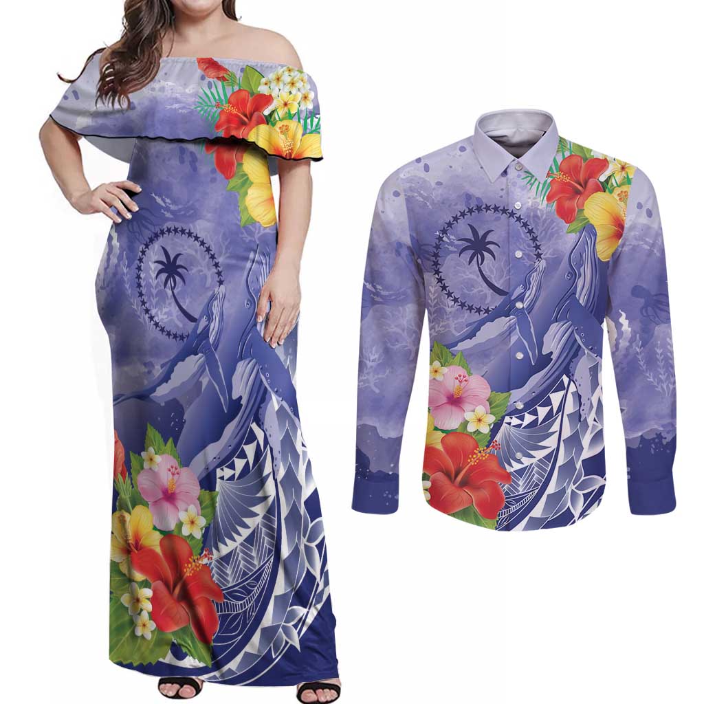 Personalised Chuuk States Humpback Whale Couples Matching Off Shoulder Maxi Dress and Long Sleeve Button Shirt Polynesian Tropical Flowers LT9 Blue - Polynesian Pride