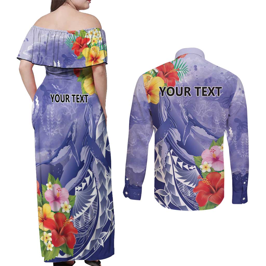 Personalised Chuuk States Humpback Whale Couples Matching Off Shoulder Maxi Dress and Long Sleeve Button Shirt Polynesian Tropical Flowers LT9 - Polynesian Pride