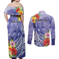Personalised Chuuk States Humpback Whale Couples Matching Off Shoulder Maxi Dress and Long Sleeve Button Shirt Polynesian Tropical Flowers LT9 - Polynesian Pride