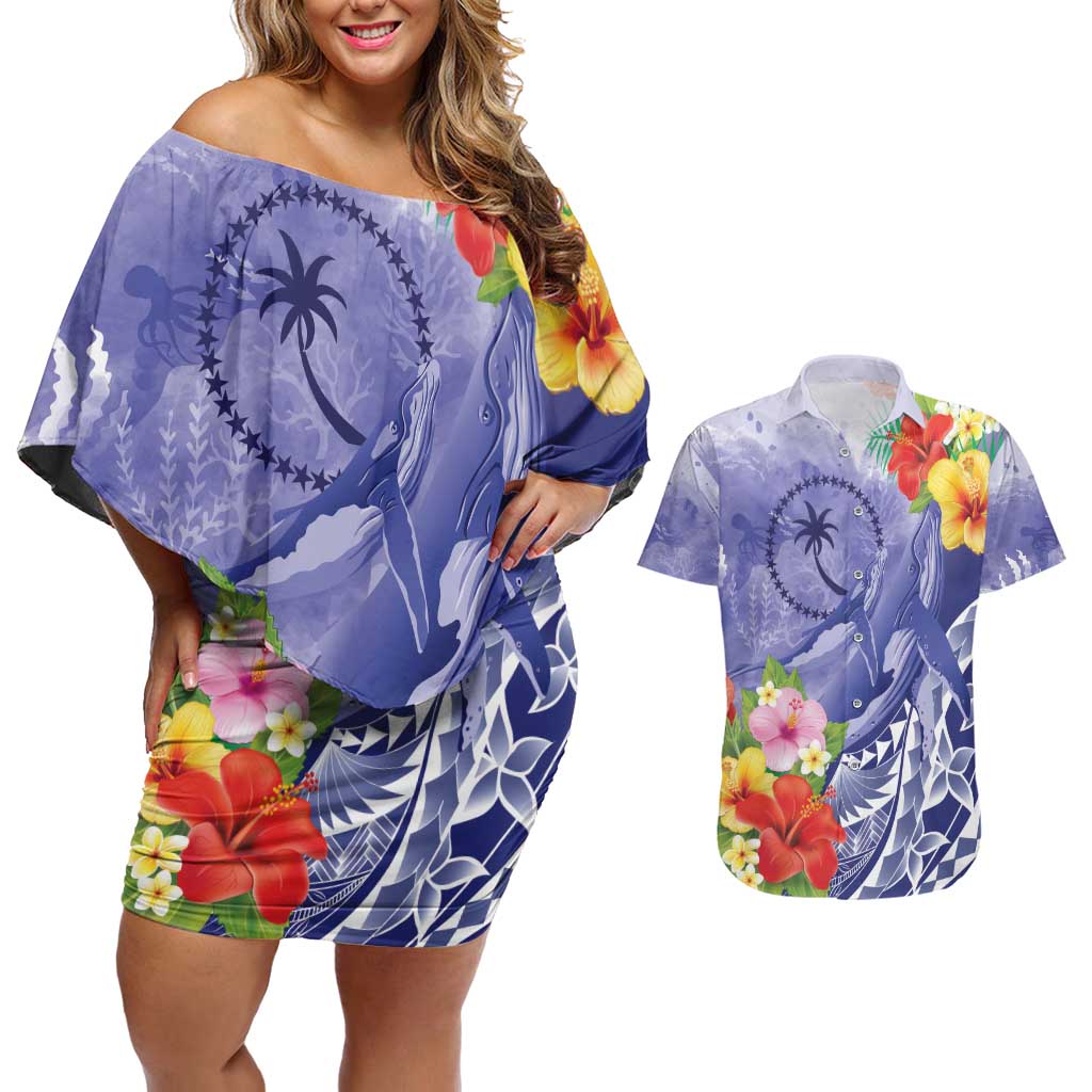 Personalised Chuuk States Humpback Whale Couples Matching Off Shoulder Short Dress and Hawaiian Shirt Polynesian Tropical Flowers LT9 Blue - Polynesian Pride