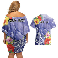 Personalised Chuuk States Humpback Whale Couples Matching Off Shoulder Short Dress and Hawaiian Shirt Polynesian Tropical Flowers LT9 - Polynesian Pride
