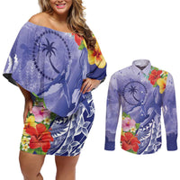 Personalised Chuuk States Humpback Whale Couples Matching Off Shoulder Short Dress and Long Sleeve Button Shirt Polynesian Tropical Flowers LT9 Blue - Polynesian Pride