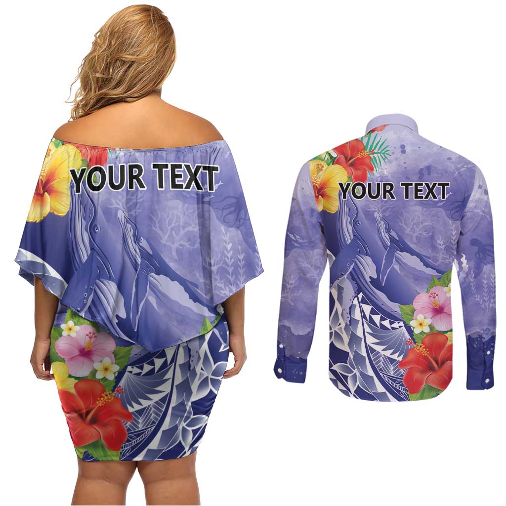 Personalised Chuuk States Humpback Whale Couples Matching Off Shoulder Short Dress and Long Sleeve Button Shirt Polynesian Tropical Flowers LT9 - Polynesian Pride