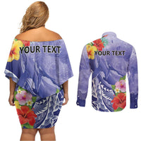 Personalised Chuuk States Humpback Whale Couples Matching Off Shoulder Short Dress and Long Sleeve Button Shirt Polynesian Tropical Flowers LT9 - Polynesian Pride