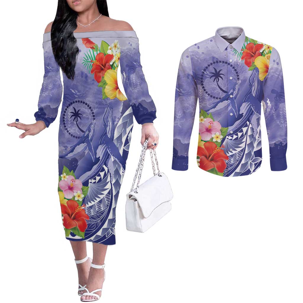 Personalised Chuuk States Humpback Whale Couples Matching Off The Shoulder Long Sleeve Dress and Long Sleeve Button Shirt Polynesian Tropical Flowers LT9 Blue - Polynesian Pride