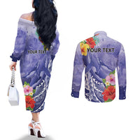 Personalised Chuuk States Humpback Whale Couples Matching Off The Shoulder Long Sleeve Dress and Long Sleeve Button Shirt Polynesian Tropical Flowers LT9 - Polynesian Pride
