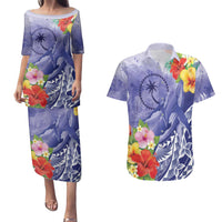 Personalised Chuuk States Humpback Whale Couples Matching Puletasi and Hawaiian Shirt Polynesian Tropical Flowers LT9 Blue - Polynesian Pride