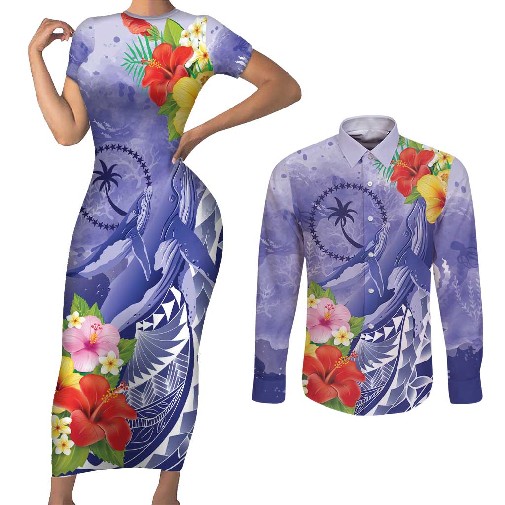 Personalised Chuuk States Humpback Whale Couples Matching Short Sleeve Bodycon Dress and Long Sleeve Button Shirt Polynesian Tropical Flowers LT9 Blue - Polynesian Pride