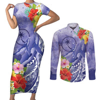 Personalised Chuuk States Humpback Whale Couples Matching Short Sleeve Bodycon Dress and Long Sleeve Button Shirt Polynesian Tropical Flowers LT9 Blue - Polynesian Pride