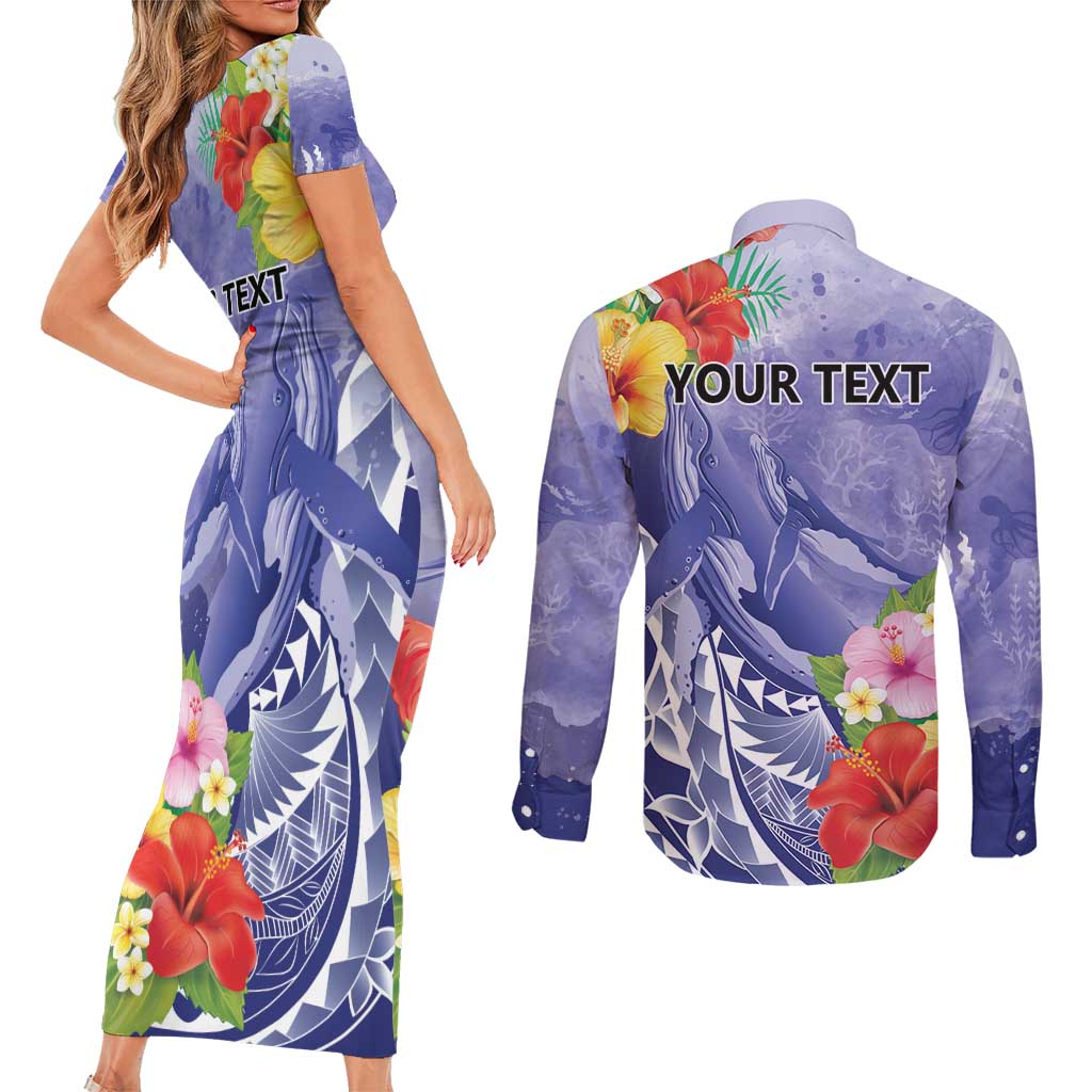 Personalised Chuuk States Humpback Whale Couples Matching Short Sleeve Bodycon Dress and Long Sleeve Button Shirt Polynesian Tropical Flowers LT9 - Polynesian Pride
