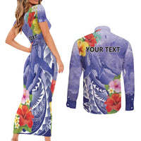 Personalised Chuuk States Humpback Whale Couples Matching Short Sleeve Bodycon Dress and Long Sleeve Button Shirt Polynesian Tropical Flowers LT9 - Polynesian Pride
