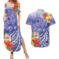 Personalised Chuuk States Humpback Whale Couples Matching Summer Maxi Dress and Hawaiian Shirt Polynesian Tropical Flowers LT9 Blue - Polynesian Pride