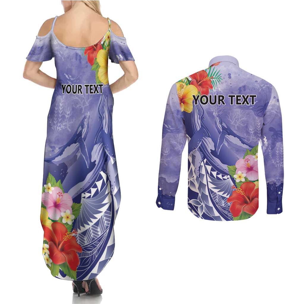 Personalised Chuuk States Humpback Whale Couples Matching Summer Maxi Dress and Long Sleeve Button Shirt Polynesian Tropical Flowers LT9 - Polynesian Pride