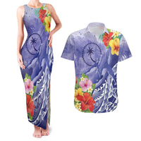 Personalised Chuuk States Humpback Whale Couples Matching Tank Maxi Dress and Hawaiian Shirt Polynesian Tropical Flowers LT9 Blue - Polynesian Pride