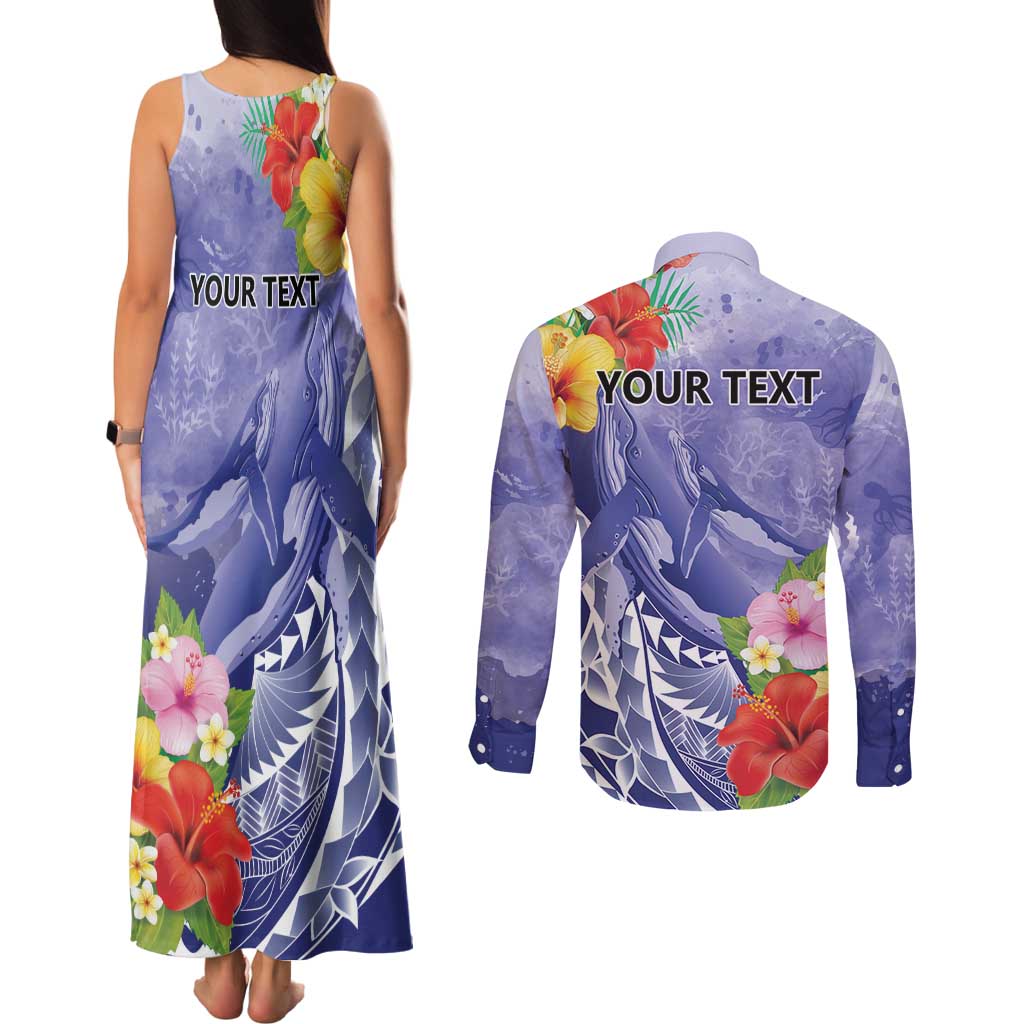 Personalised Chuuk States Humpback Whale Couples Matching Tank Maxi Dress and Long Sleeve Button Shirt Polynesian Tropical Flowers LT9 - Polynesian Pride