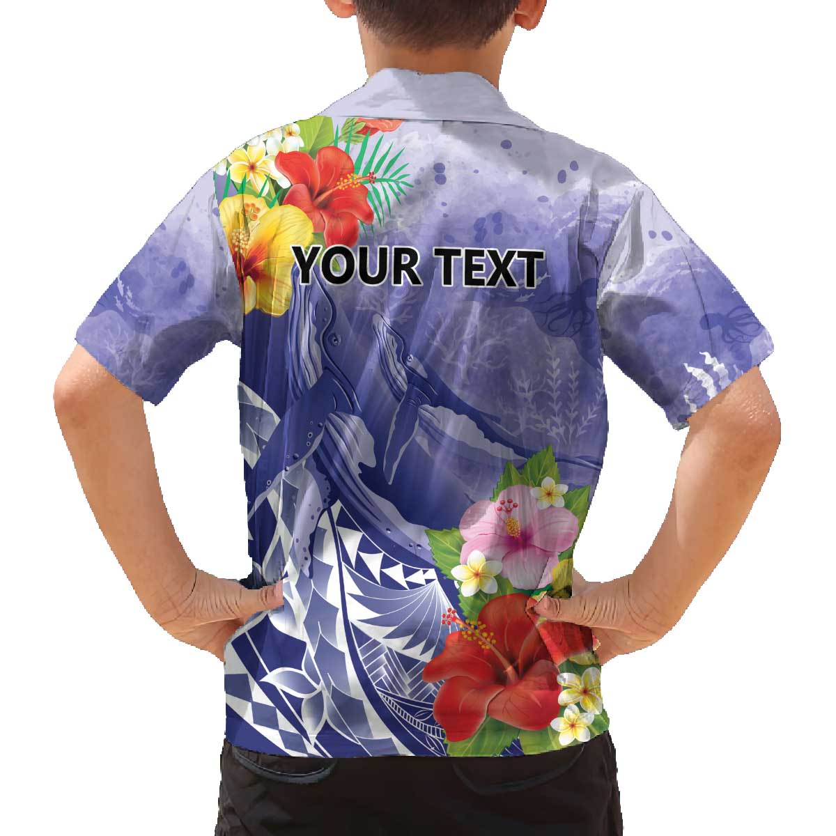 Personalised Chuuk States Humpback Whale Family Matching Off The Shoulder Long Sleeve Dress and Hawaiian Shirt Polynesian Tropical Flowers LT9 - Polynesian Pride