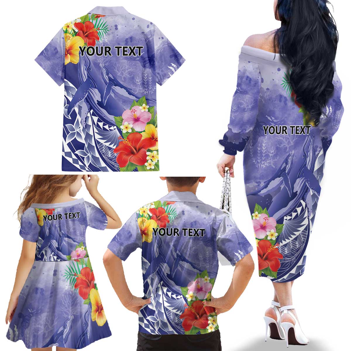 Personalised Chuuk States Humpback Whale Family Matching Off The Shoulder Long Sleeve Dress and Hawaiian Shirt Polynesian Tropical Flowers LT9 - Polynesian Pride