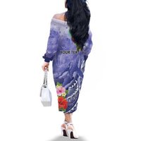 Personalised Chuuk States Humpback Whale Family Matching Off The Shoulder Long Sleeve Dress and Hawaiian Shirt Polynesian Tropical Flowers LT9 - Polynesian Pride