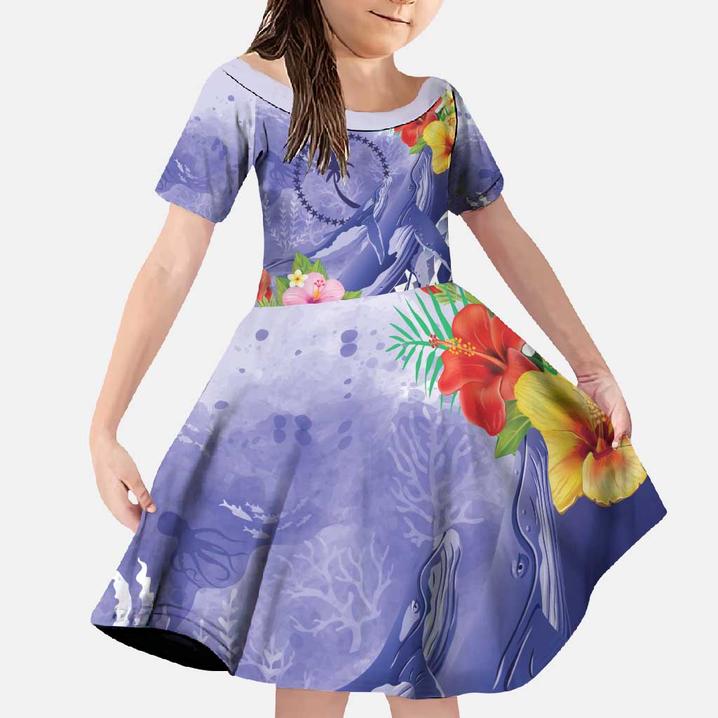 Personalised Chuuk States Humpback Whale Family Matching Off Shoulder Maxi Dress and Hawaiian Shirt Polynesian Tropical Flowers LT9 Daughter's Dress Blue - Polynesian Pride