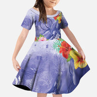 Personalised Chuuk States Humpback Whale Family Matching Off Shoulder Maxi Dress and Hawaiian Shirt Polynesian Tropical Flowers LT9 Daughter's Dress Blue - Polynesian Pride