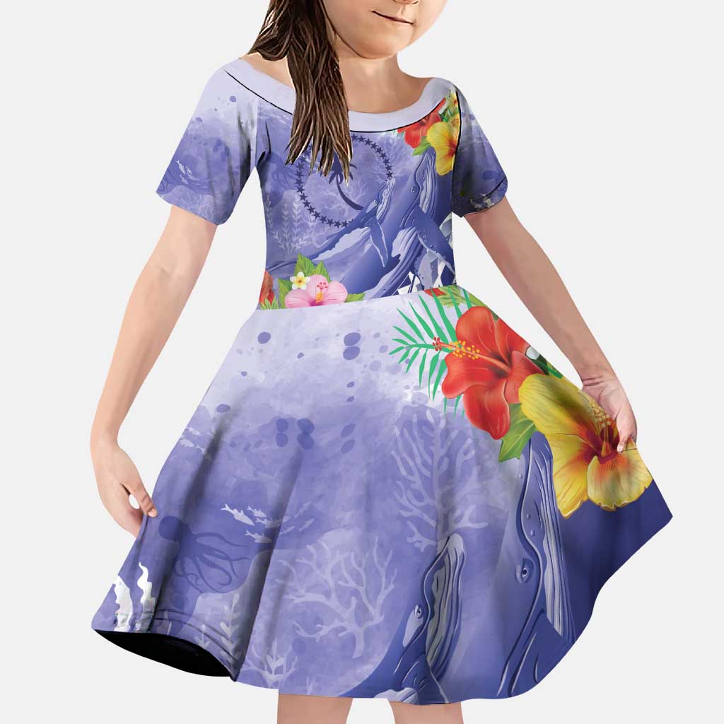 Personalised Chuuk States Humpback Whale Family Matching Puletasi and Hawaiian Shirt Polynesian Tropical Flowers LT9 Daughter's Dress Blue - Polynesian Pride