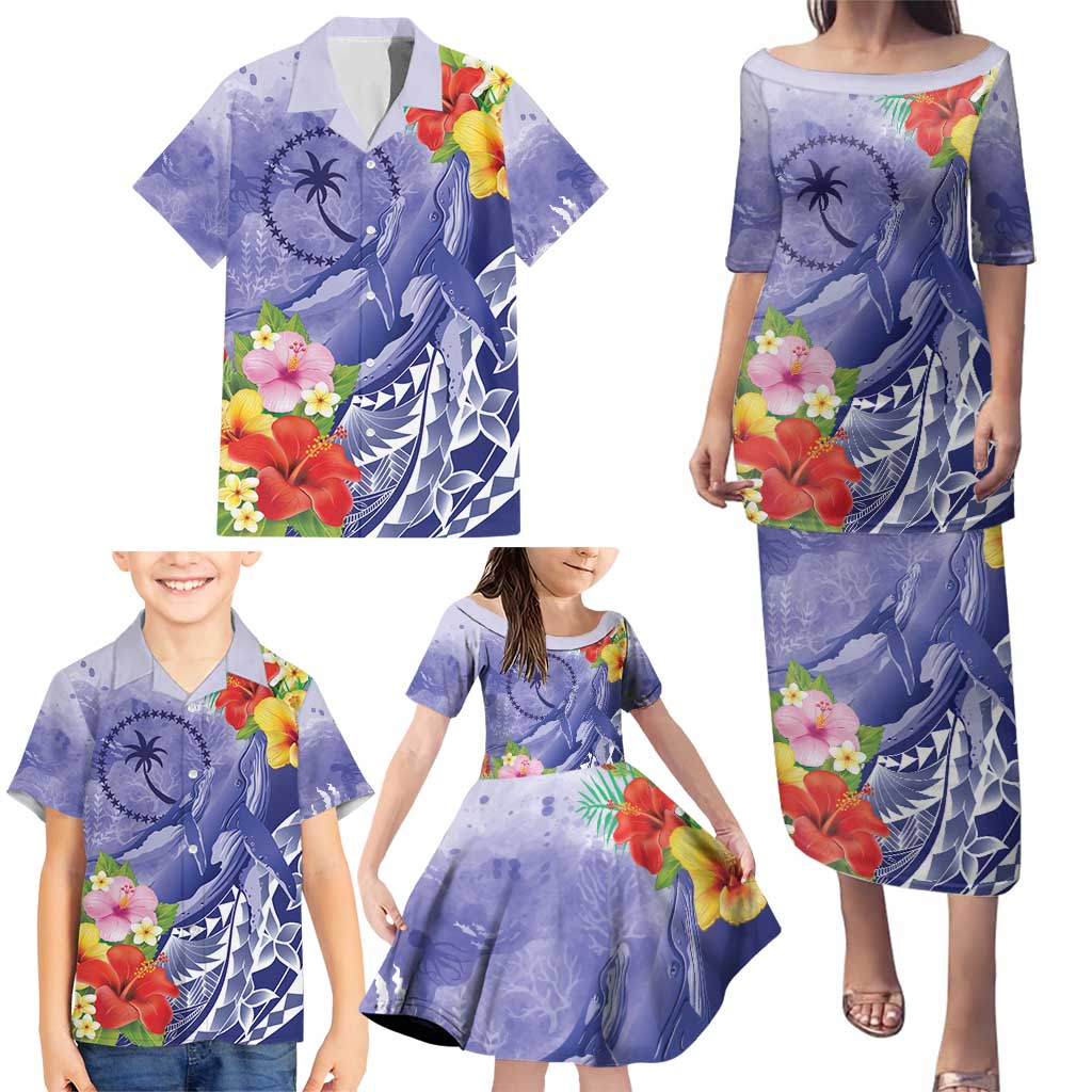 Personalised Chuuk States Humpback Whale Family Matching Puletasi and Hawaiian Shirt Polynesian Tropical Flowers LT9 - Polynesian Pride