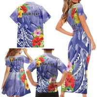 Personalised Chuuk States Humpback Whale Family Matching Short Sleeve Bodycon Dress and Hawaiian Shirt Polynesian Tropical Flowers LT9 - Polynesian Pride
