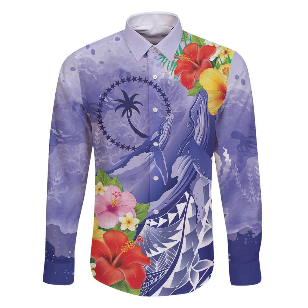 Personalised Chuuk States Humpback Whale Family Matching Summer Maxi Dress and Hawaiian Shirt Polynesian Tropical Flowers LT9 Dad's Shirt - Long Sleeve Blue - Polynesian Pride