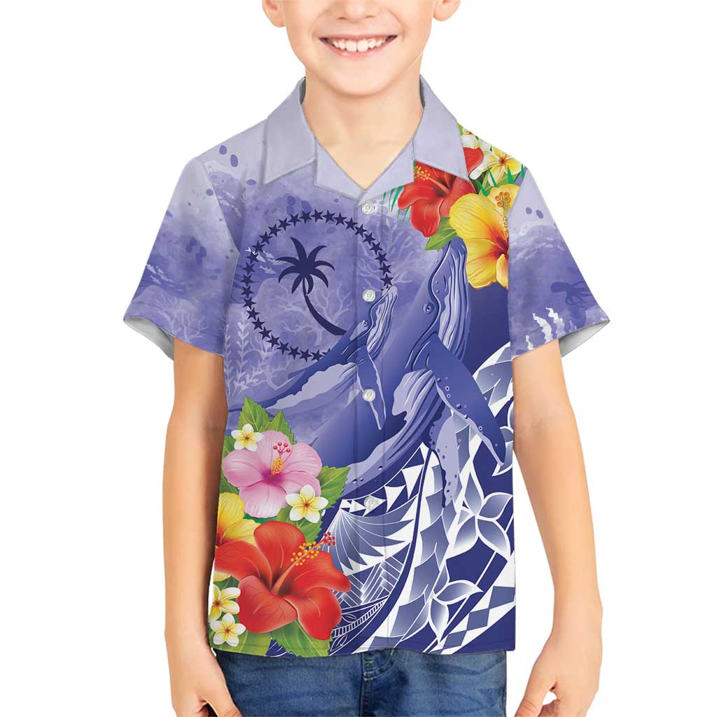 Personalised Chuuk States Humpback Whale Family Matching Summer Maxi Dress and Hawaiian Shirt Polynesian Tropical Flowers LT9 Son's Shirt Blue - Polynesian Pride