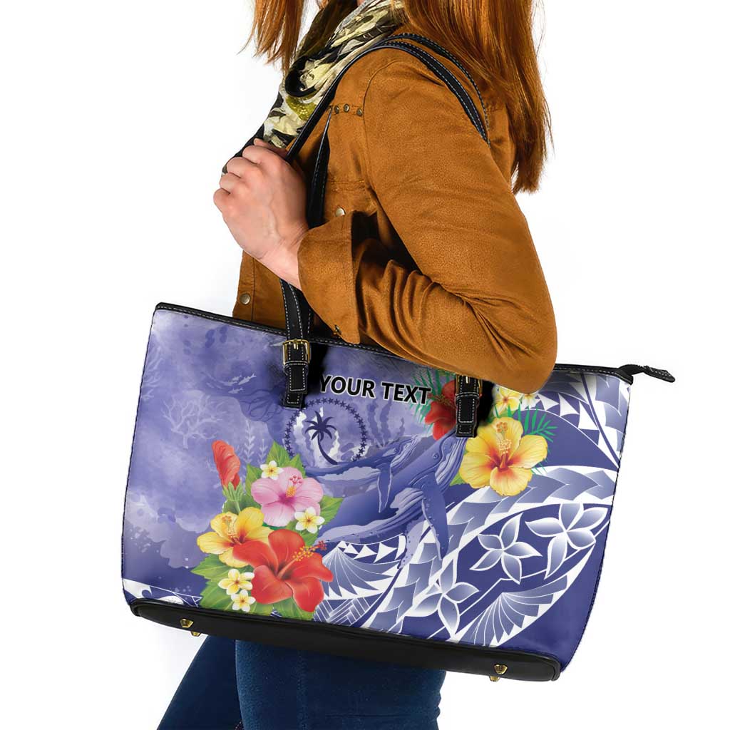 Personalised Chuuk States Humpback Whale Leather Tote Bag Polynesian Tropical Flowers LT9 Blue - Polynesian Pride