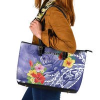 Personalised Chuuk States Humpback Whale Leather Tote Bag Polynesian Tropical Flowers LT9 Blue - Polynesian Pride